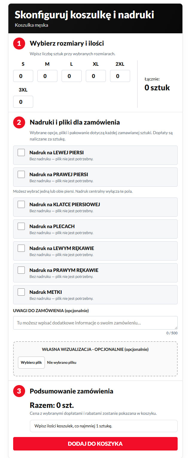 Widok konfiguratora nadruków na odzieży
